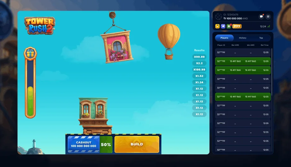 Tower Rush 2 half-cashout gameplay