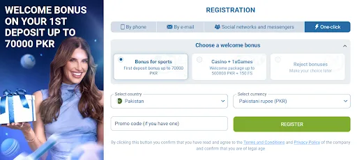 Ilustração do registo do guia 1xBet Paquistão, com ofertas separadas de desporto e casino em PKR.
